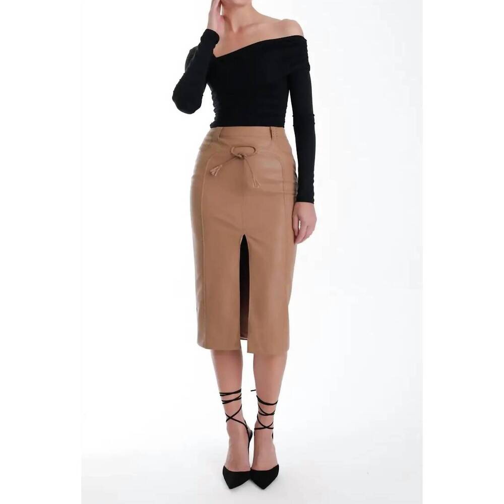NEW KARINA GRIMALDI mona vegan leather midi skirt in chestnut